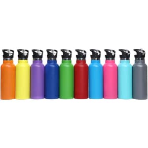 A drink bottle collection featuring various colours, including orange, yellow, purple, green, red, pink, blue, and grey, with flip valve lids.