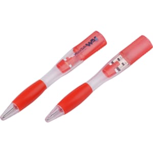 A red ballpoint pen with a transparent body that conceals a flash drive inside. The pen has a branding logo on it.
