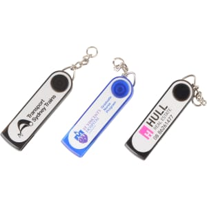 Three colourful flash drives in blue and black, each featuring a branding logo, with keychain attachments.