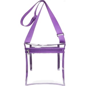 A purple PVC clear crossbody bag with an inner pouch and an adjustable strap. It features a zippered compartment.