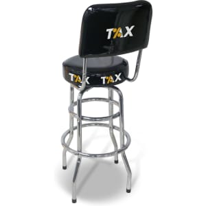 A black bar stool with a backrest and chrome legs, featuring a logo on the seat and back.