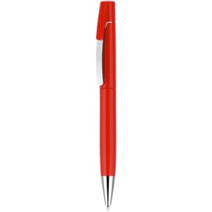 A red pen with a silver clip, featuring a sleek design and a polished finish. It has a logo on the barrel.