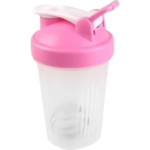 A drink bottle with a pink lid and spout, featuring a clear body and a mixing ball inside. It has a logo.