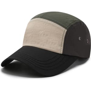 A lightweight 5-panel flat bill cap featuring green, beige, and black panels, with a logo on the side.