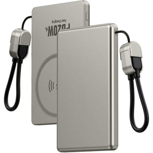 A metallic grey 5000mAh aluminum power bank with a connector and wireless charging feature. It has a logo on it.