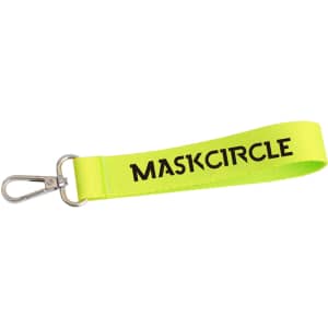 A bright yellow keyring strap with a metal clip, featuring a logo.