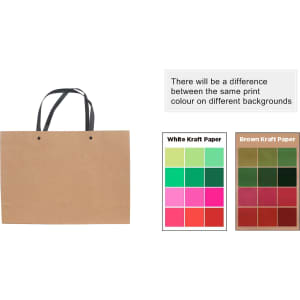 A large brown paper bag with knitted black handles, featuring a logo. Various colour swatches are displayed beside it.
