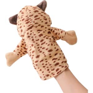 A plush leopard hand puppet in tan with brown spots and ears, held by a hand. It has a branding logo.