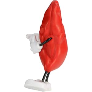 A red liver-shaped stress reliever with a white hand and leg for playful stress relief. Features a logo.