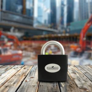 A padlock-shaped toolkit in black, featuring a silver shackle, displayed on a wooden surface with a blurred construction site behind.