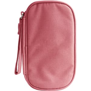A pink electronic accessory organiser bag with a zip and wrist strap. It includes a small logo.