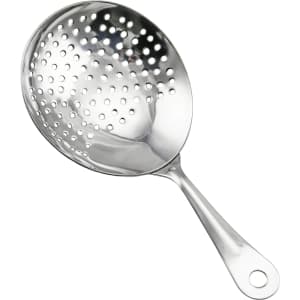 A stainless steel cocktail strainer with a perforated design and a long handle, featuring a circular hole for hanging.