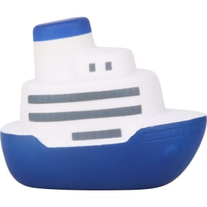 A stress reliever shaped like a blue and white ship, featuring details on the hull and superstructure.