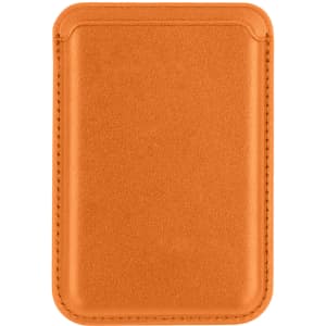An orange PU magnetic phone card holder with a smooth finish and a stitched border. It features a logo.