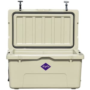 A cream 85L cooler box with an open lid, featuring a logo on the front.