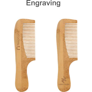 A natural bamboo comb with a handle, featuring engraved logos on both sides. The comb is light brown in colour.