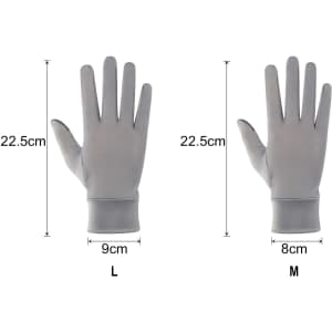 A pair of grey full finger gloves with measurements displayed, featuring a sleek design and a logo.