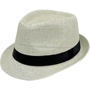 A straw hat in white with a black band, featuring a stylish fedora design and a textured weave.