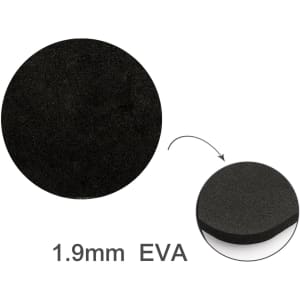 A round black frosted metal coaster, showing a smooth surface, with a slightly raised edge and an EVA backing.