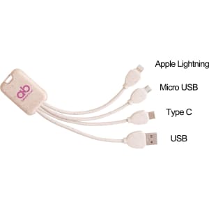 A square-shaped wheat straw charging cable in beige, featuring Apple Lightning, Micro USB, Type C, and USB connectors.