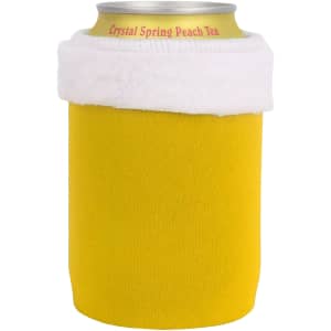 A drink bottle holder in bright yellow with a white trim at the top, designed to fit a standard can.