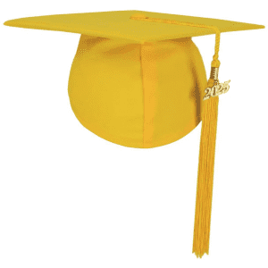 A yellow mortarboard graduation cap with a tassel featuring the year 2025. It has a simple design and a logo.