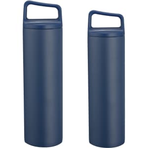 A drink bottle set featuring two navy stainless steel vacuum thermal bottles with handles.
