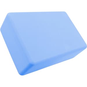 A blue EVA yoga block with a parallelogram shape, featuring a smooth surface and a small logo.