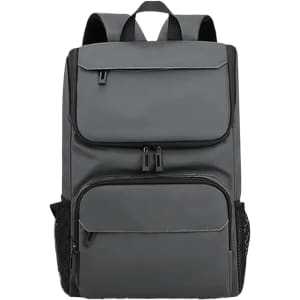 A grey business laptop backpack with multiple compartments and a mesh side pocket. It features a logo on the front.