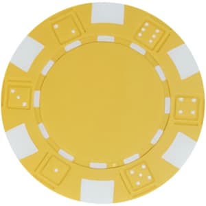 A yellow poker chip with white accents and embossed designs around the edge.