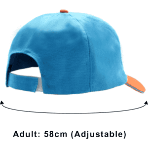 A blue sandwich bill hat with an orange peak and adjustable strap at the back. Features a branding logo.
