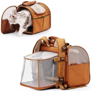 A brown pet backpack carrier with an expandable mesh section, featuring dual openings and adjustable straps.