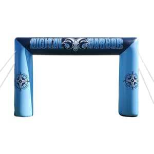An inflatable event arch in blue featuring a central logo and designs on the side. Suitable for exhibitions and events.