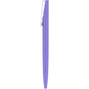 A purple plastic pen with a silver clip, featuring a streamlined design and a simple barrel.