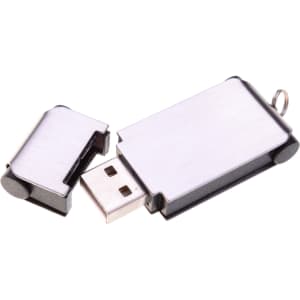A silver and black flash drive with a removable cap and an attached keyring.