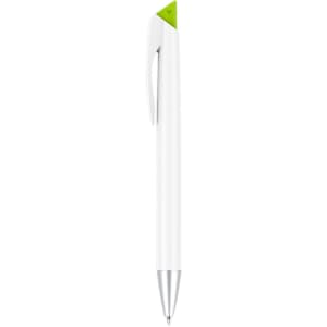 A gray pen with a white barrel and a green triangular top, featuring a clip and a shiny silver tip.