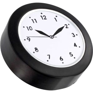 A black clock-shaped stress reliever with a white face and black numbers, featuring clock hands.