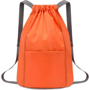 An orange drawstring backpack features adjustable straps and a front pocket. It includes a logo on the side.