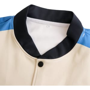 A unisex polyester scuba sublimated varsity jacket in cream with blue detailing and a black collar. Features a logo.
