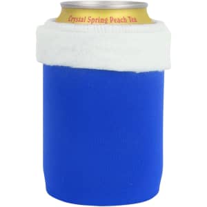 A drink bottle holder in blue with a white fleece top, featuring a logo.