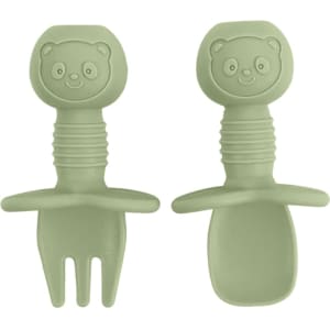 A set of olive green silicone cutlery featuring bear-shaped handles, including a fork and a spoon.