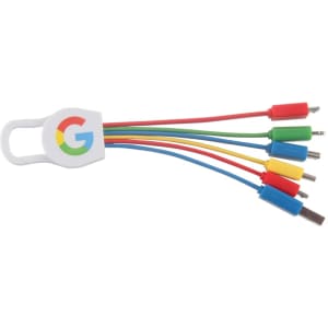 A 6-in-1 charging cable with multiple coloured connectors, featuring a white holder with a logo.