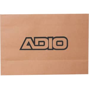 A medium brown paper bag with flat handles and a logo printed on the front.