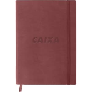A burgundy PU cover notebook featuring an embossed logo and a matching elastic band closure.