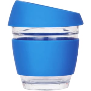 A reusable glass coffee cup featuring a clear body with a blue silicone sleeve and lid.