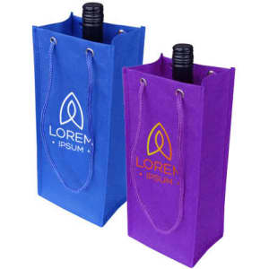 A drink bottle bag in blue and purple with a rope handle and a logo. Suitable for holding single bottles.