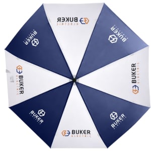 A navy and white 21'' automatic open and close umbrella with a logo printed on the panels.