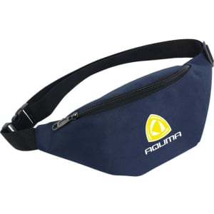 A navy blue bum bag with a black strap, featuring a logo on the front and a zippered compartment.