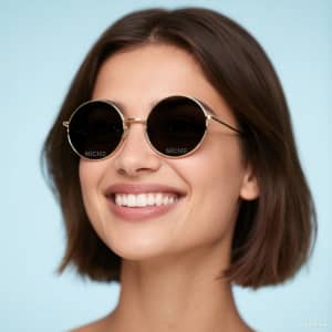 Retro round sunglasses with a gold frame and dark lenses, modelled by a woman with a short brown bob hairstyle.