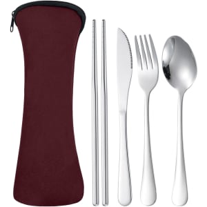 A maroon carrying case with stainless steel cutlery, including a knife, fork, spoon, and chopsticks.